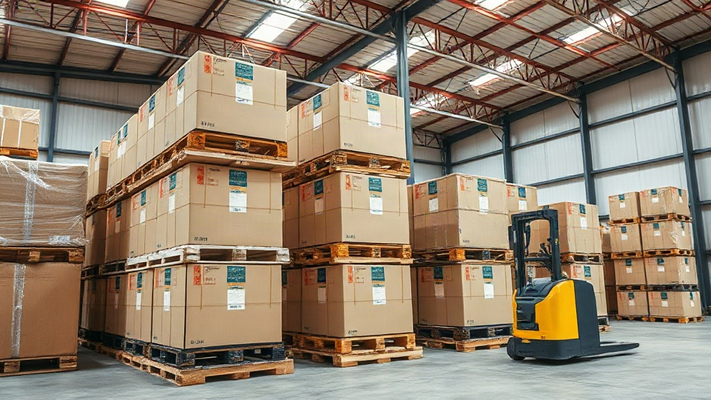 Wide photograph of a logistics warehouse interior with stacked wooden pallets of sealed cardboard shipping cartons, a pa