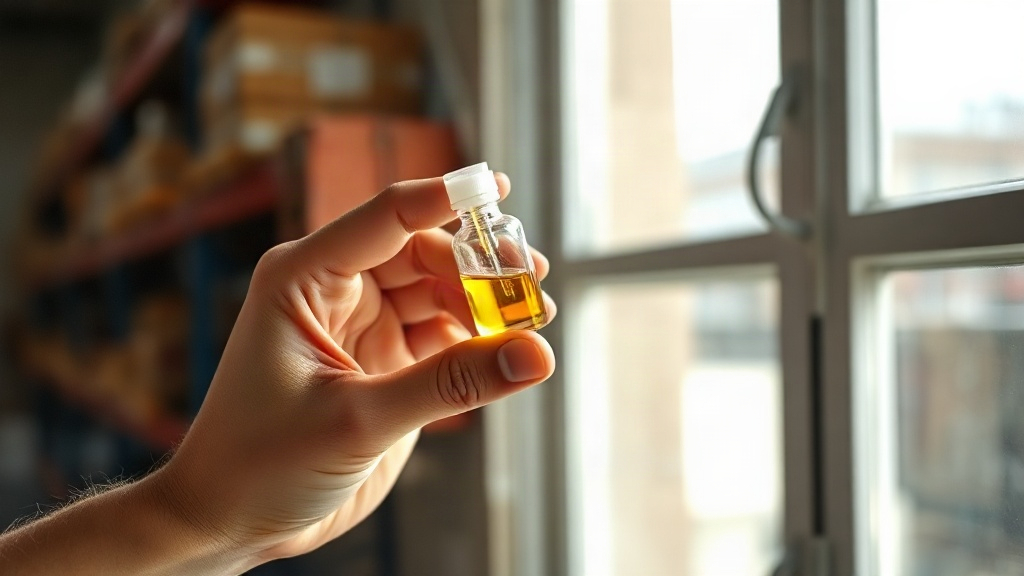 a close-up of a hand holding a small glass sample vial with a dipper strip, inspecting the fragrance oil color against n