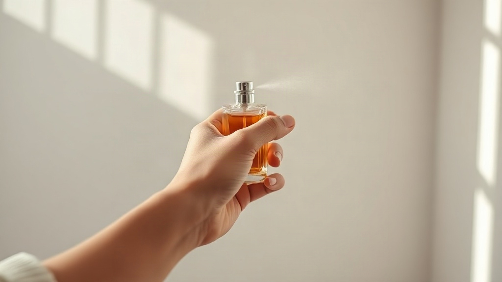 Photo of a woman's wrist with a fine perfume mist being sprayed from a small travel-size bottle, soft studio lighti