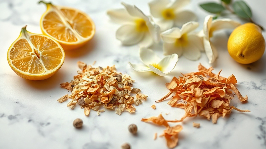 close-up of raw perfumery ingredients arranged on a white marble surface, fresh bergamot halves, jasmine blossoms, a sma