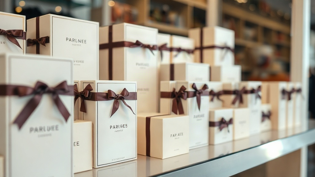 retail shelf display of sealed perfume gift boxes and outer packaging cartons arranged neatly, elegant boutique lighting