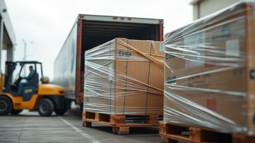 export cargo boxes and wrapped pallets being loaded onto a truck at a loading dock, forklift in the background, overcast