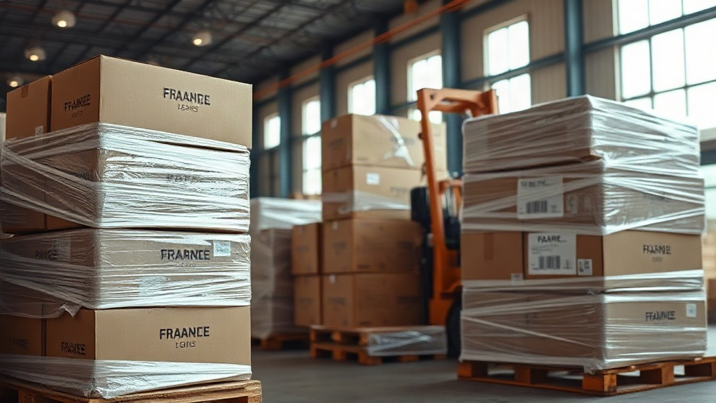 stacked cardboard shipping boxes and shrink-wrapped pallets of fragrance products inside a warehouse, forklift in soft b