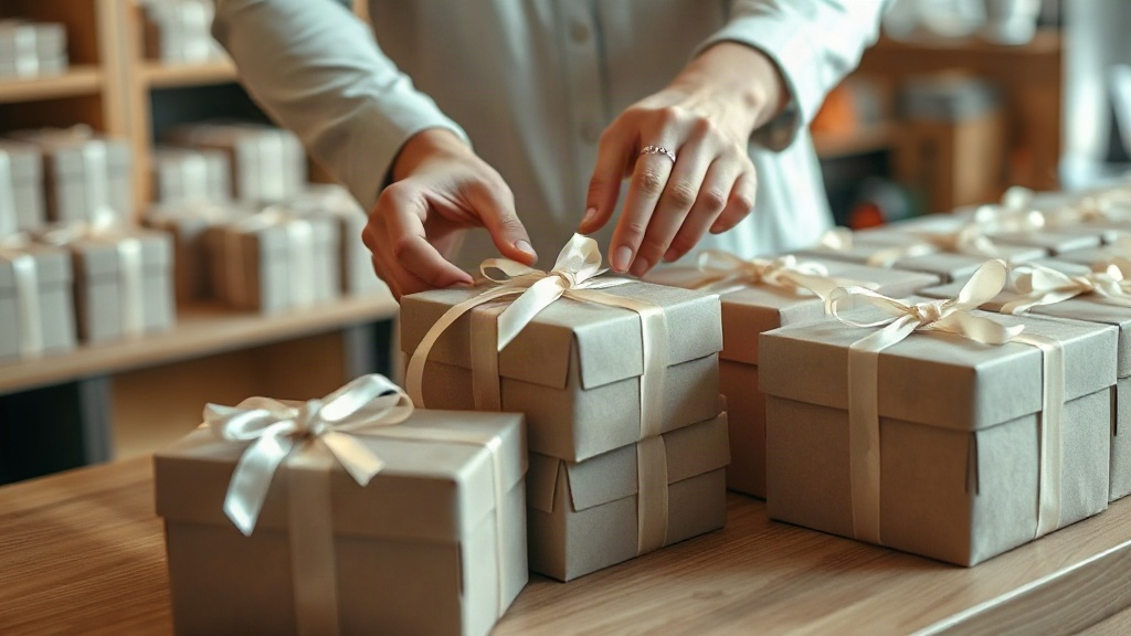 Hands carefully arranging small elegant gift boxes wrapped with ribbon on a wooden retail counter, soft natural light, b