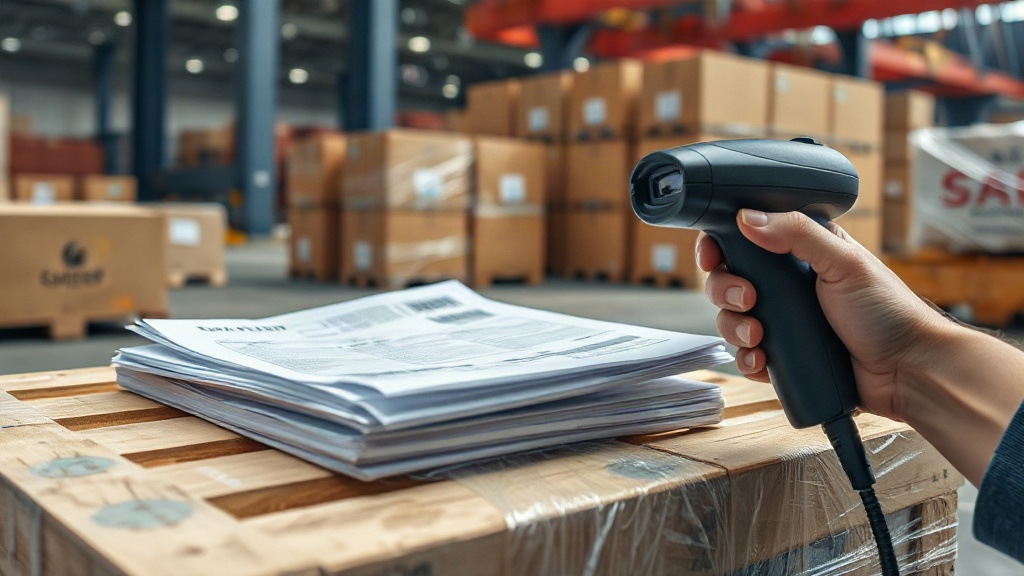 Close-up of shipping and customs documents resting on a wooden crate at a busy freight dock, stacked cardboard boxes wra