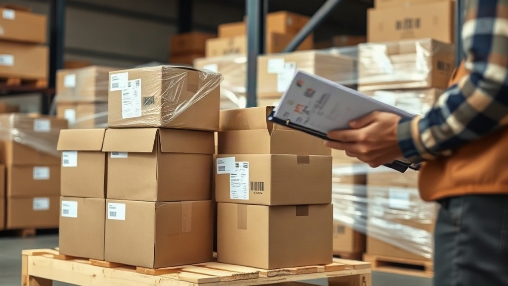 warehouse logistics scene with stacked cardboard shipping cartons on a wooden pallet, a worker's hands checking a p