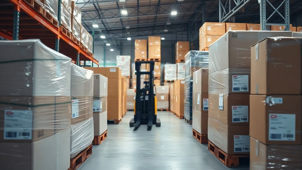 warehouse interior with shrink-wrapped pallets and labeled cardboard shipping cartons arranged in rows, a forklift palle