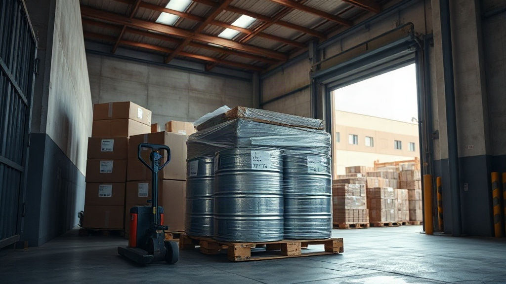 Wide shot inside a bonded warehouse loading dock, stacked cardboard shipping cartons and a wrapped pallet of sealed meta