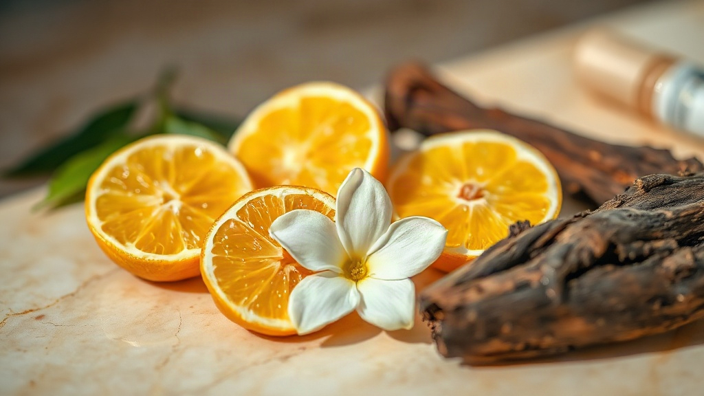 Close-up still life photography of raw perfumery ingredients for a wholesale fragrance brand: fresh bergamot citrus halv