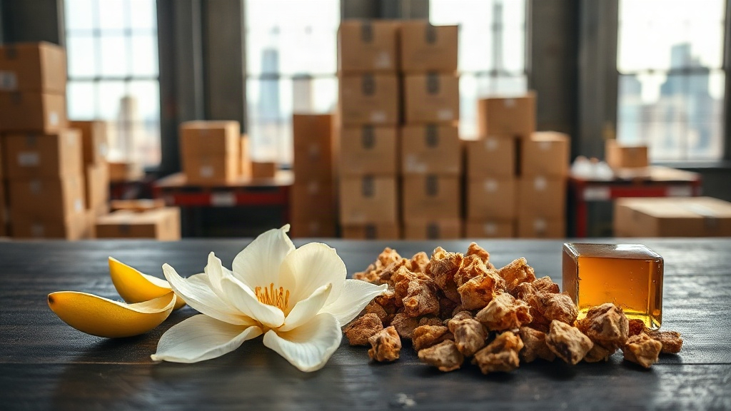 overhead flat-lay of raw perfume ingredients including bergamot peel, jasmine blossoms, dried oud wood chips, and amber