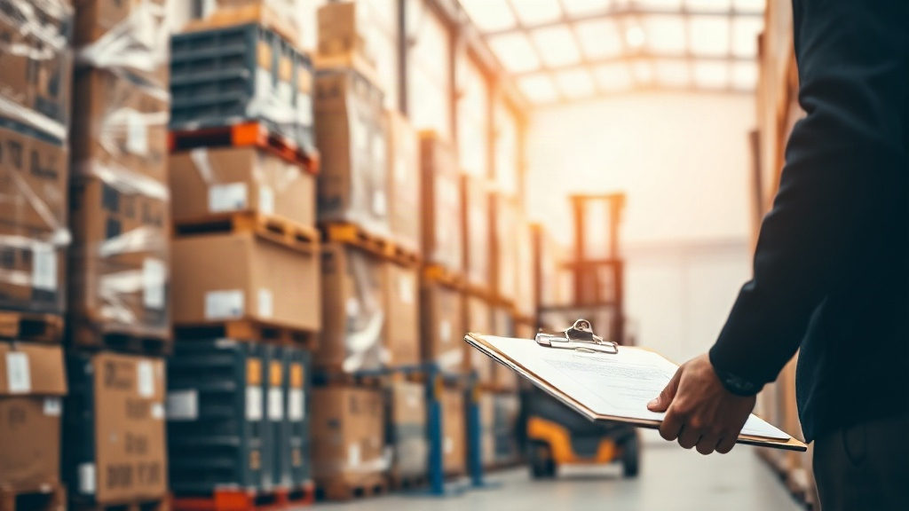 a busy fragrance distribution warehouse with stacked cargo boxes and wooden pallets, a hand holding a clipboard checking