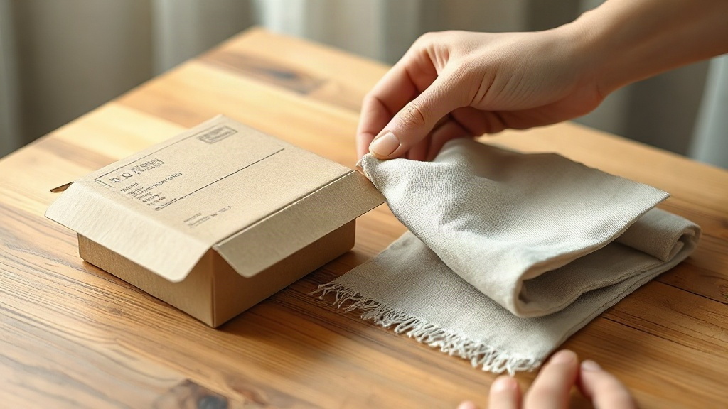 A hand carefully inspecting a folded sample of natural fabric next to a small open cardboard shipping box on a wooden ta