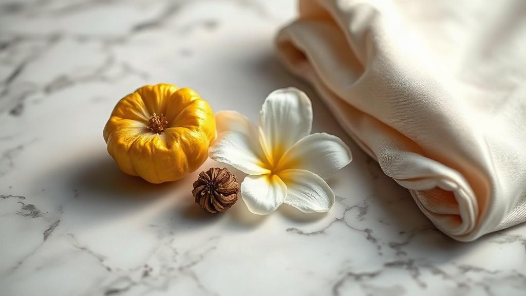 fragrance raw materials arranged on a polished marble surface — bergamot fruit, jasmine flowers, a small piece of oud wo