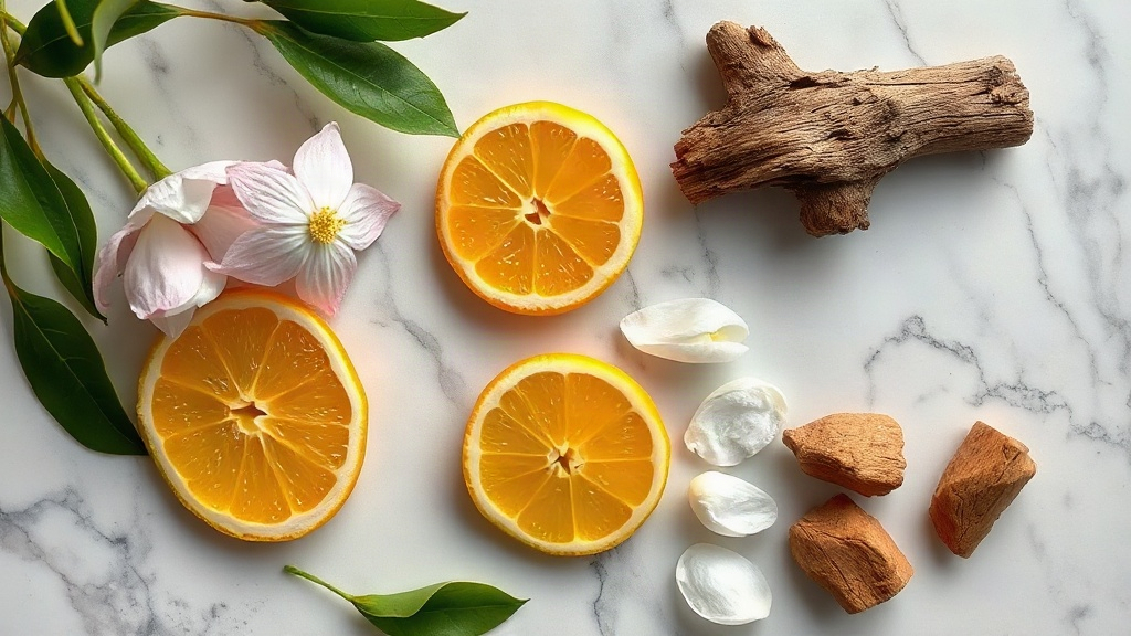 overhead flat-lay of raw perfumery ingredients including bergamot citrus slices, fresh jasmine blossoms, and chunks of o