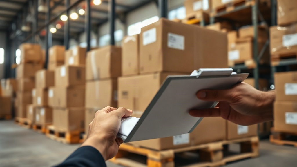 close-up of hands in a warehouse checking a printed packing list against stacked sealed shipping boxes on a wooden palle