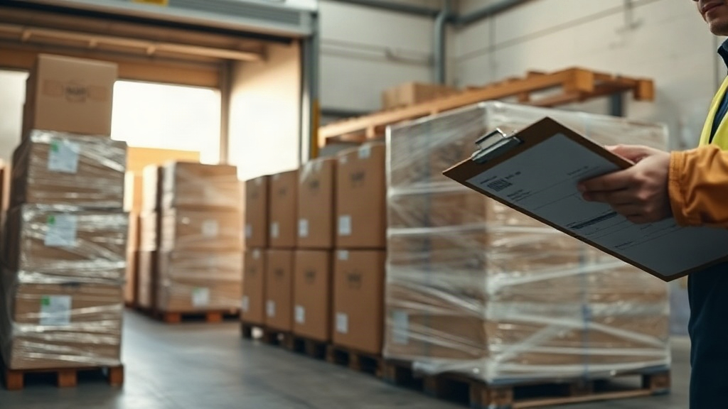 warehouse loading dock with stacked cardboard shipping boxes and wrapped pallets ready for freight, a worker's hand