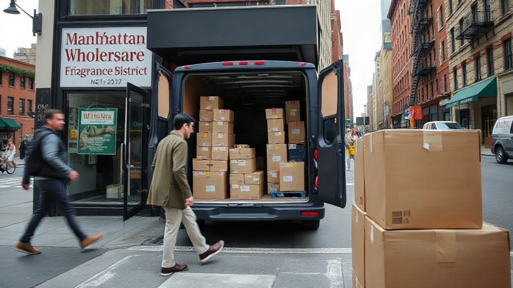 Street-level view of a Manhattan wholesale fragrance district block, stacked cardboard shipping boxes outside a storefro