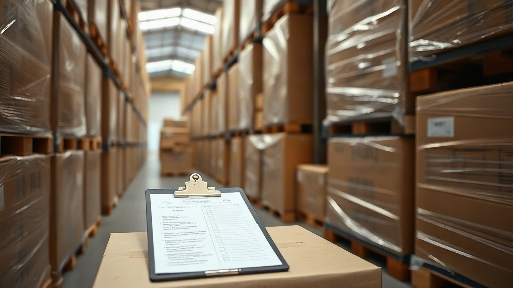 A tidy warehouse aisle with stacked cardboard shipping boxes and wrapped wooden pallets ready for freight, a clipboard w