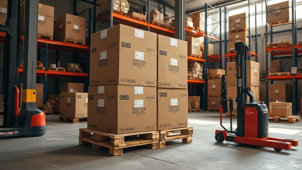 a warehouse loading dock with stacked cardboard shipping cartons on wooden pallets, a pallet jack nearby, industrial she