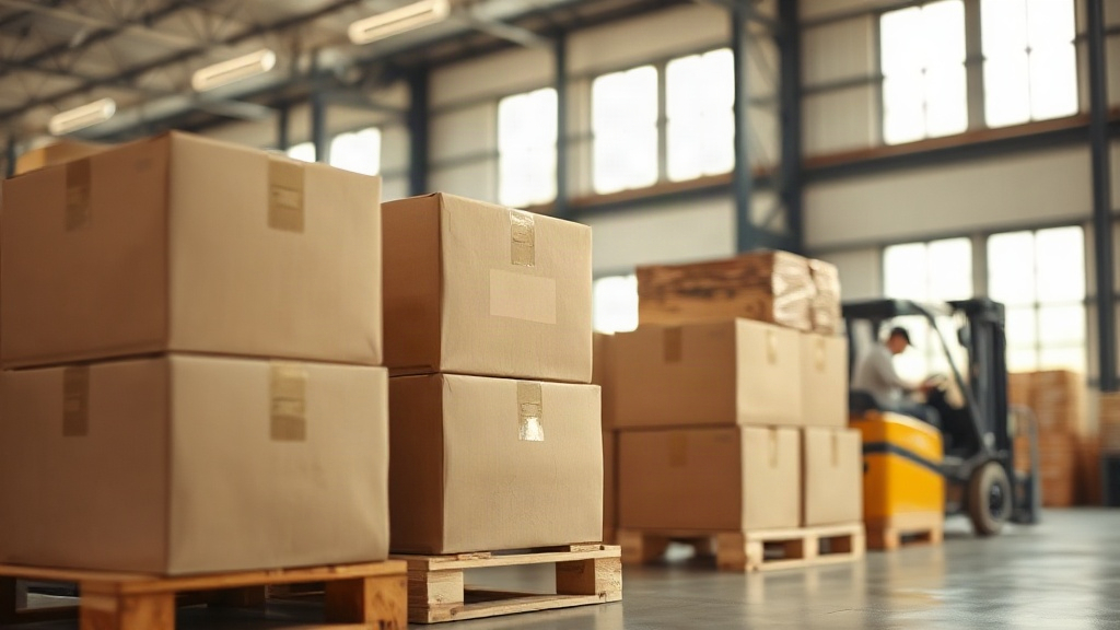 Bright commercial warehouse interior with neatly stacked cardboard shipping cartons on wooden pallets, a worker's h