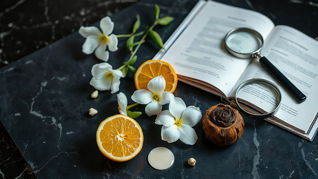 a wholesale fragrance sourcing desk scene with raw perfume ingredients including fresh bergamot citrus fruit, jasmine bl