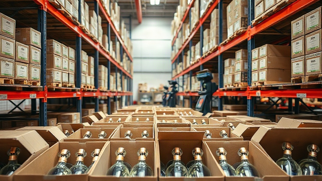 A warehouse shelving unit stocked with neat rows of boxed perfume bottles ready for wholesale shipment, open cardboard c