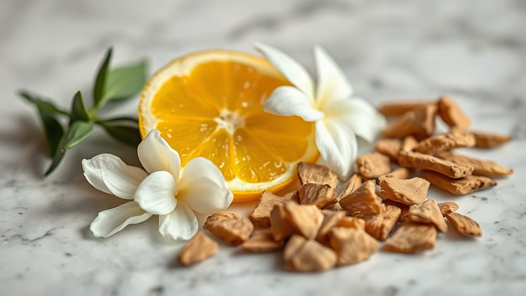raw perfume ingredients including bergamot citrus, jasmine blossoms, and oud wood chips arranged on a polished marble su