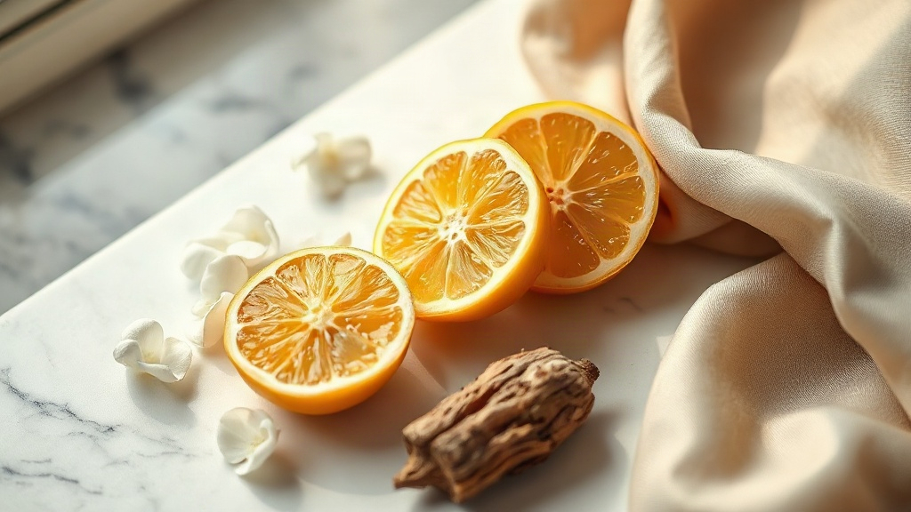 Close-up of raw perfumery ingredients arranged on a white marble surface, including fresh bergamot citrus halves, jasmin