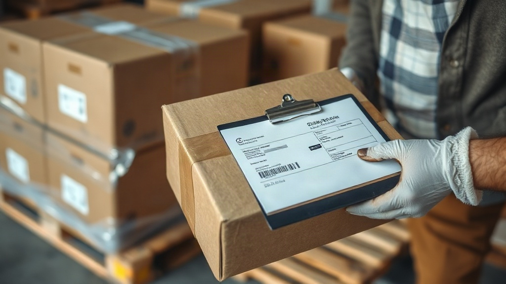 a pair of hands in warehouse gloves inspecting a shipping label on a sealed cardboard cargo box, a wooden pallet loaded