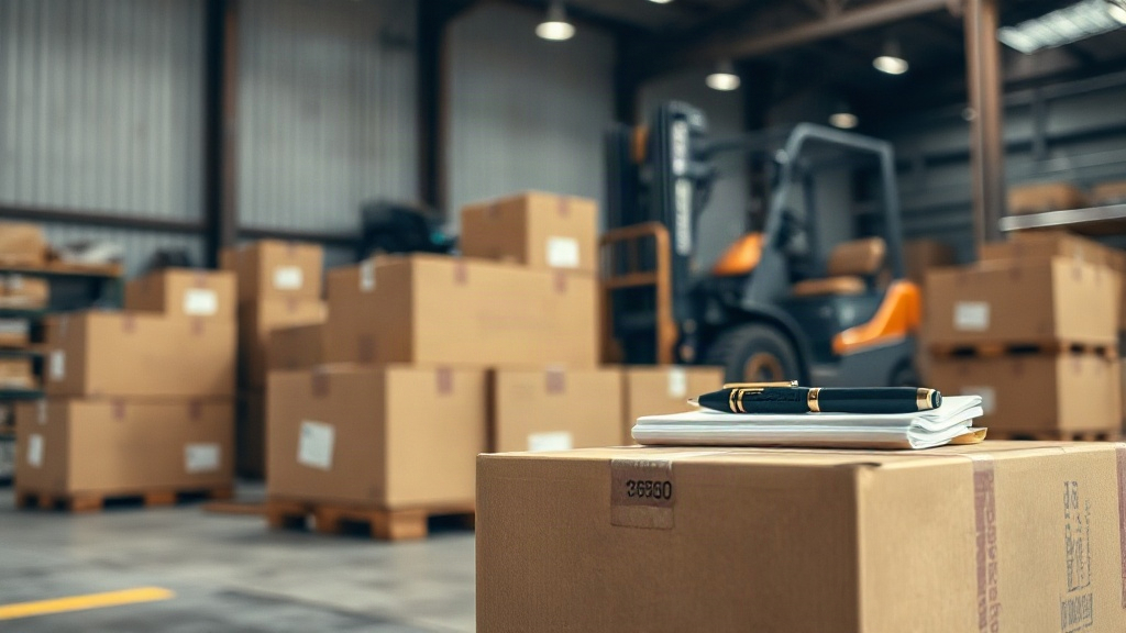 a customs and freight scene showing stacked export cargo boxes on wooden pallets inside a bonded warehouse, a forklift i