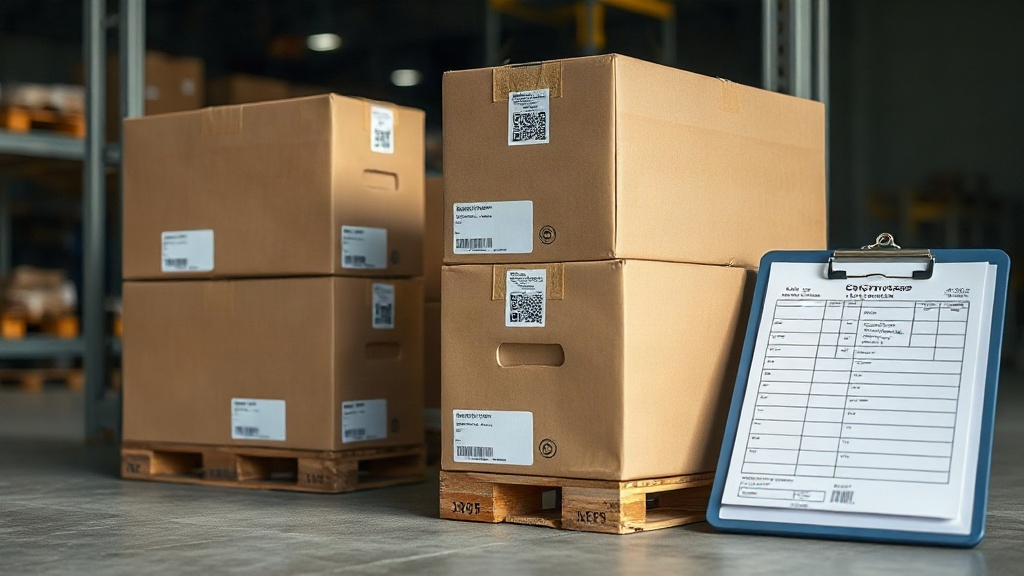 warehouse loading dock scene with sealed export cargo boxes stacked on a pallet, a customs shipping manifest clipboard,