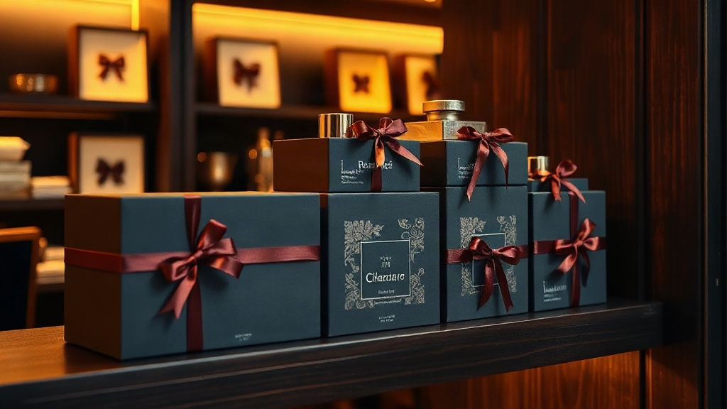 elegant stacked perfume gift boxes with ribbon detailing arranged on a dark wooden shelf, warm boutique lighting, luxury