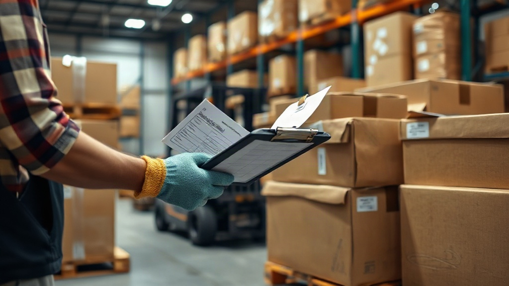 A warehouse professional in work gloves inspecting stacked cardboard shipping cartons on wooden pallets, holding a clipb