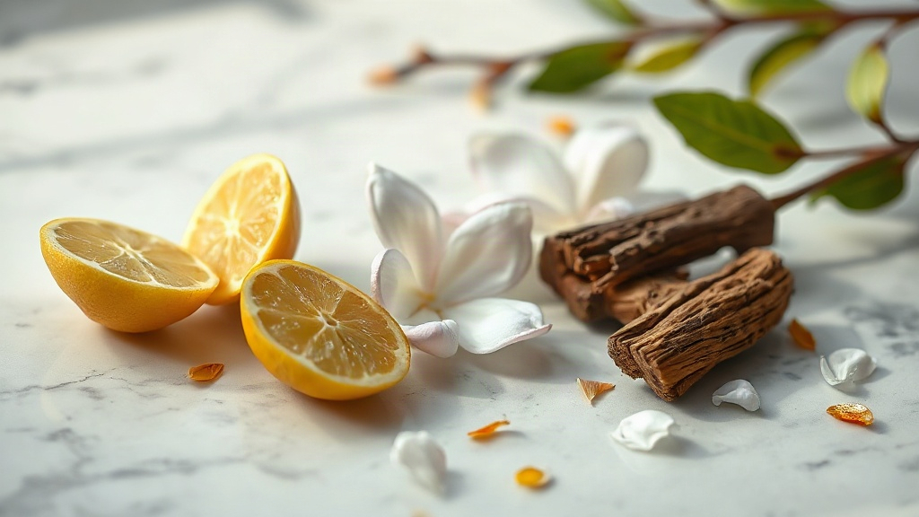 close-up of raw perfumery ingredients arranged on a marble surface, fresh bergamot halves, jasmine blossoms, a small pie