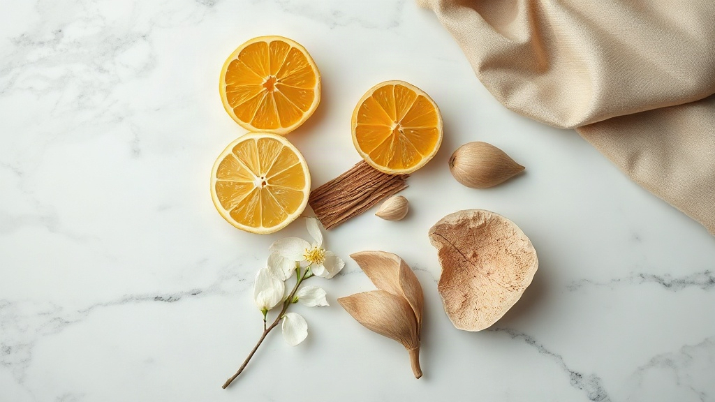 flat lay of raw perfumery materials on a marble surface, bergamot citrus halves, fresh jasmine blossoms, a small piece o