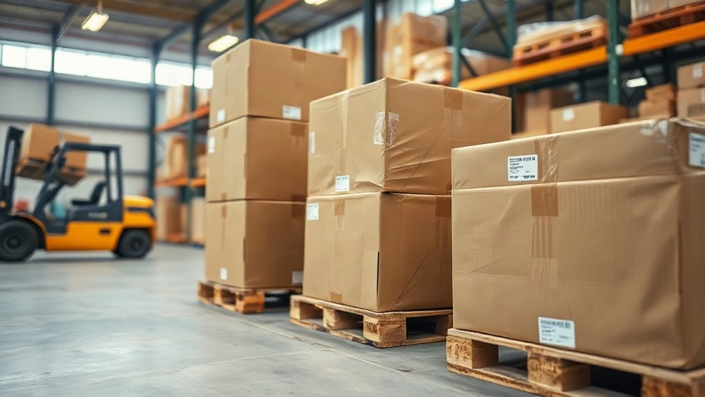 warehouse interior with wooden pallets stacked with sealed brown cardboard shipping cartons, a forklift visible in soft 