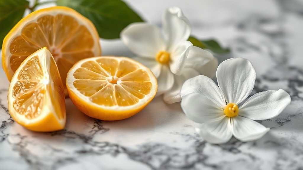 close-up of raw perfumery ingredients arranged on a marble surface — fresh bergamot halves, jasmine blossoms, and a smal