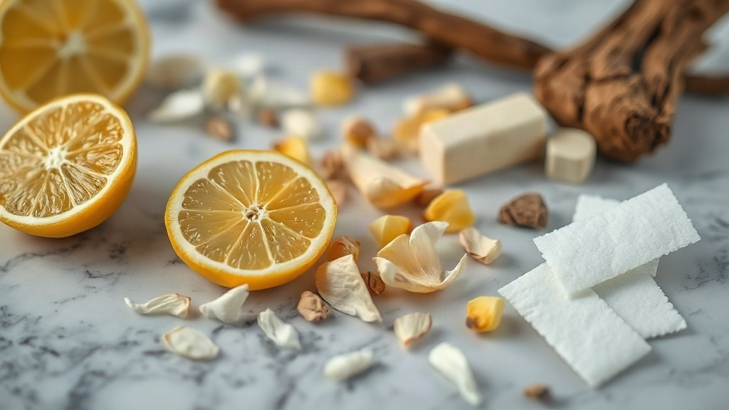Close-up of raw perfumery ingredients arranged on a marble surface - fresh bergamot citrus halves, scattered jasmine pet