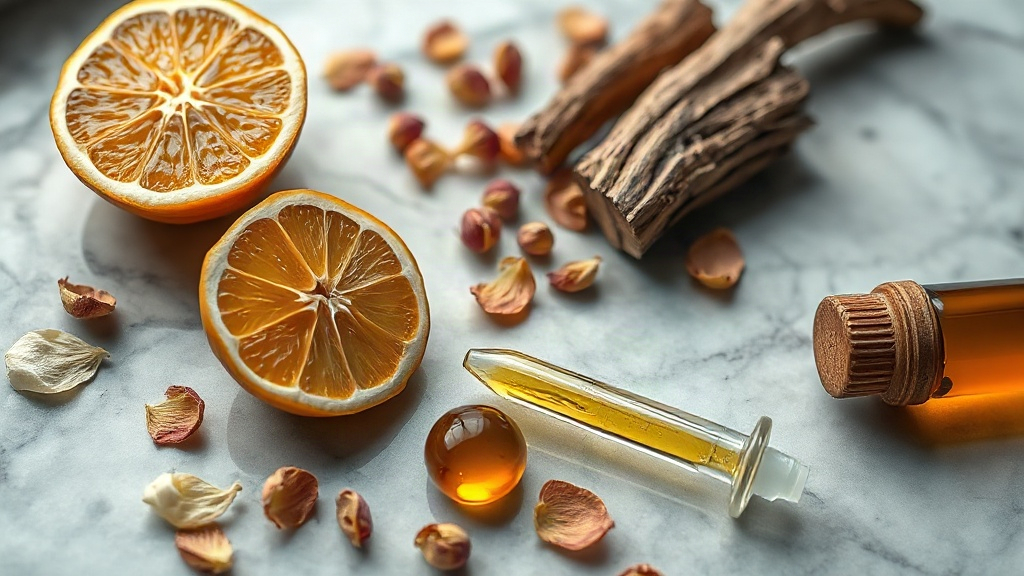 Macro still life on a cool gray marble surface showing fresh halved bergamot citrus, scattered jasmine blossoms, raw chu