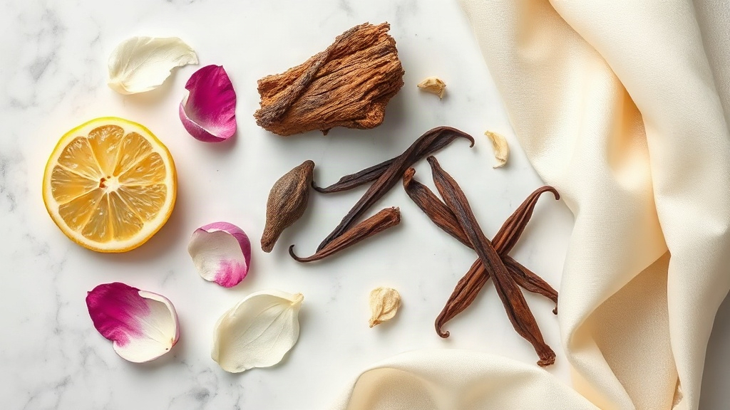 close-up flat lay of raw perfumery ingredients on a white marble surface, fresh bergamot slices, jasmine petals, a small