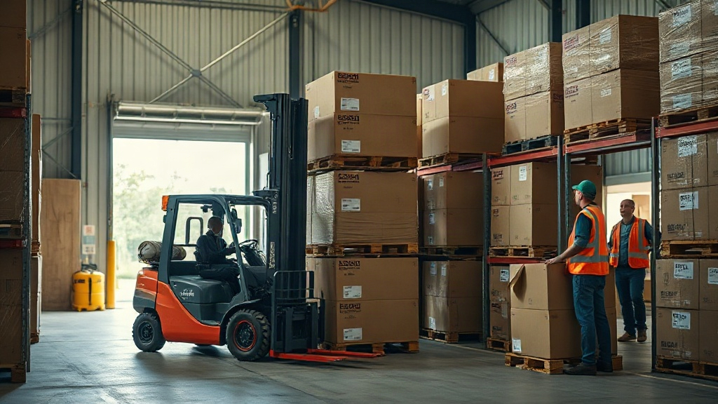 Warehouse interior with wooden pallets stacked high with sealed cardboard shipping cartons, a forklift lifting a pallet,