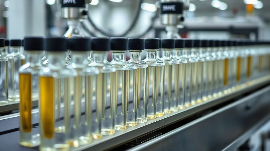 rows of unlabeled perfume glass bottles lined up on a stainless steel conveyor belt inside a bright fragrance bottling f