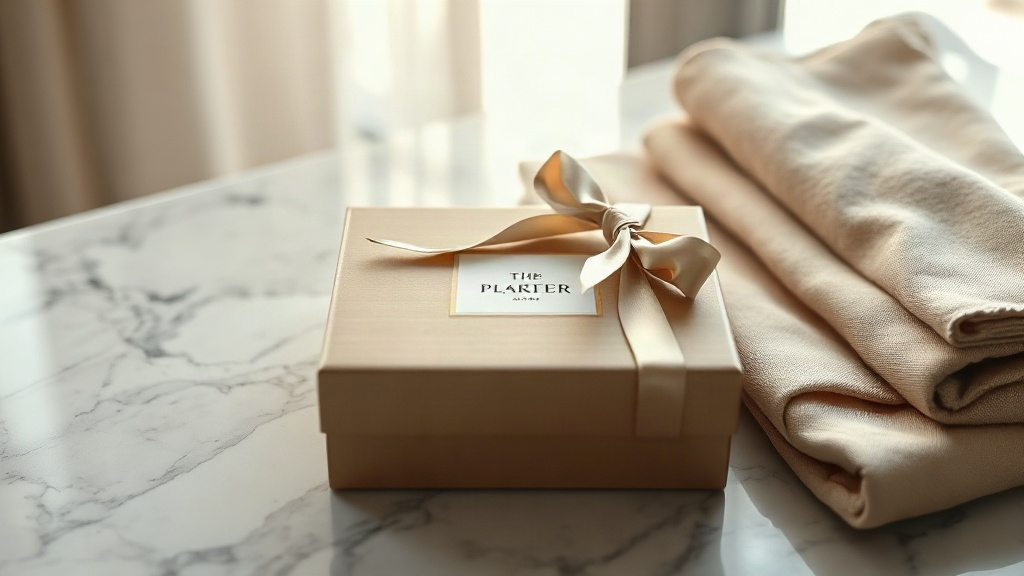 an elegant closed perfume gift box wrapped with a satin ribbon on a polished marble counter, folded fabric samples nearb