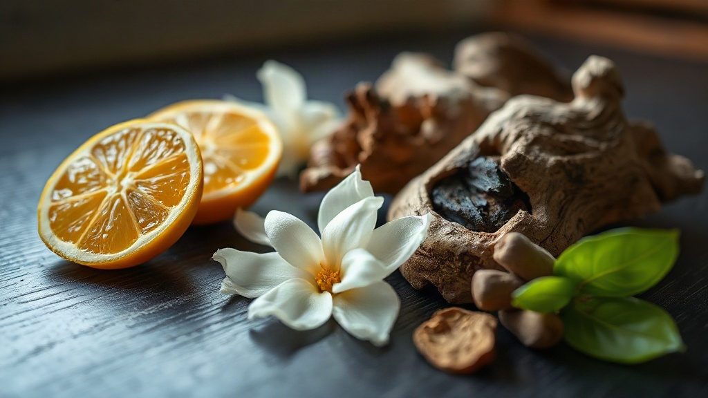 Close-up photograph of raw perfume ingredients arranged on a dark wooden table, including halved bergamot citrus fruits,