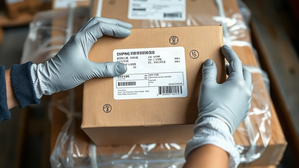 a pair of hands in warehouse gloves inspecting a shipping label on a sealed cardboard cargo box, a wooden pallet loaded