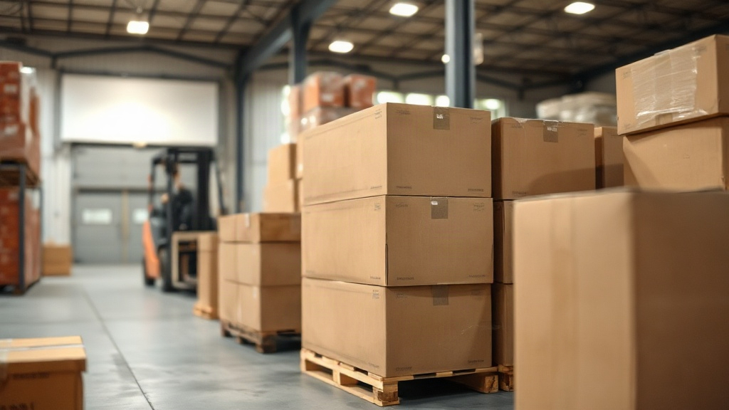 warehouse logistics scene with stacked wooden pallets of sealed cardboard shipping cartons and shrink-wrapped boxes read