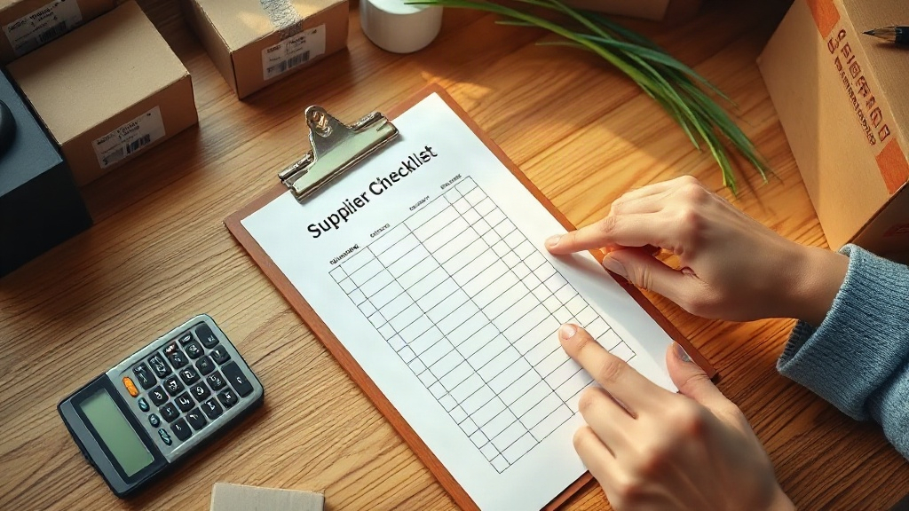 overhead shot of a wooden desk with a clipboard holding a supplier checklist, a calculator, stacked shipping cartons in 