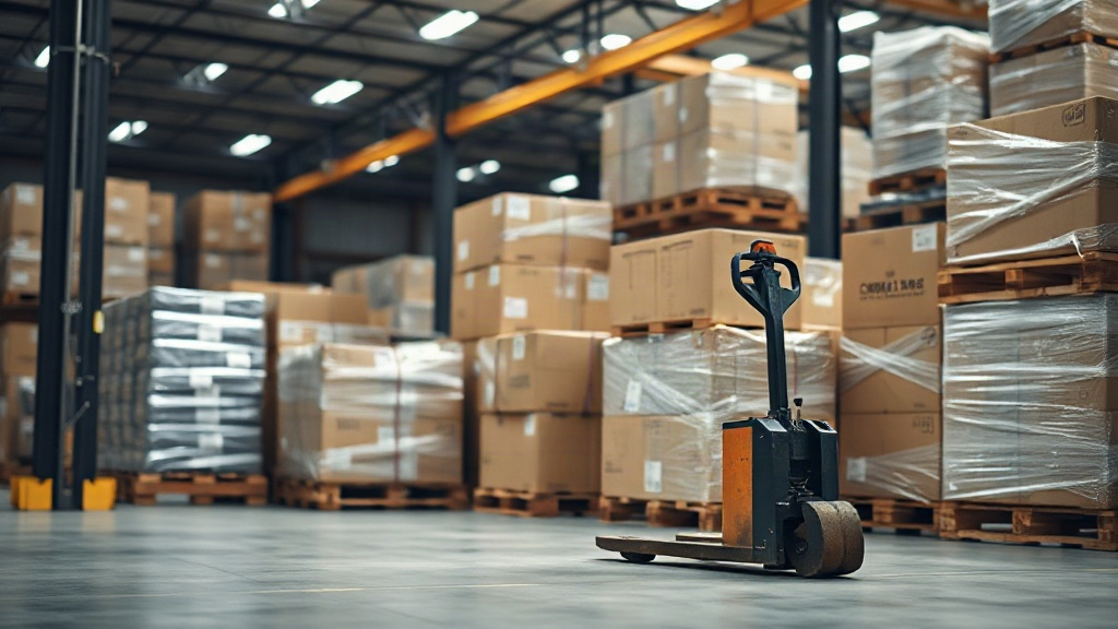 warehouse interior with neatly wrapped pallets of cardboard shipping cartons and a pallet jack, worker hands checking a
