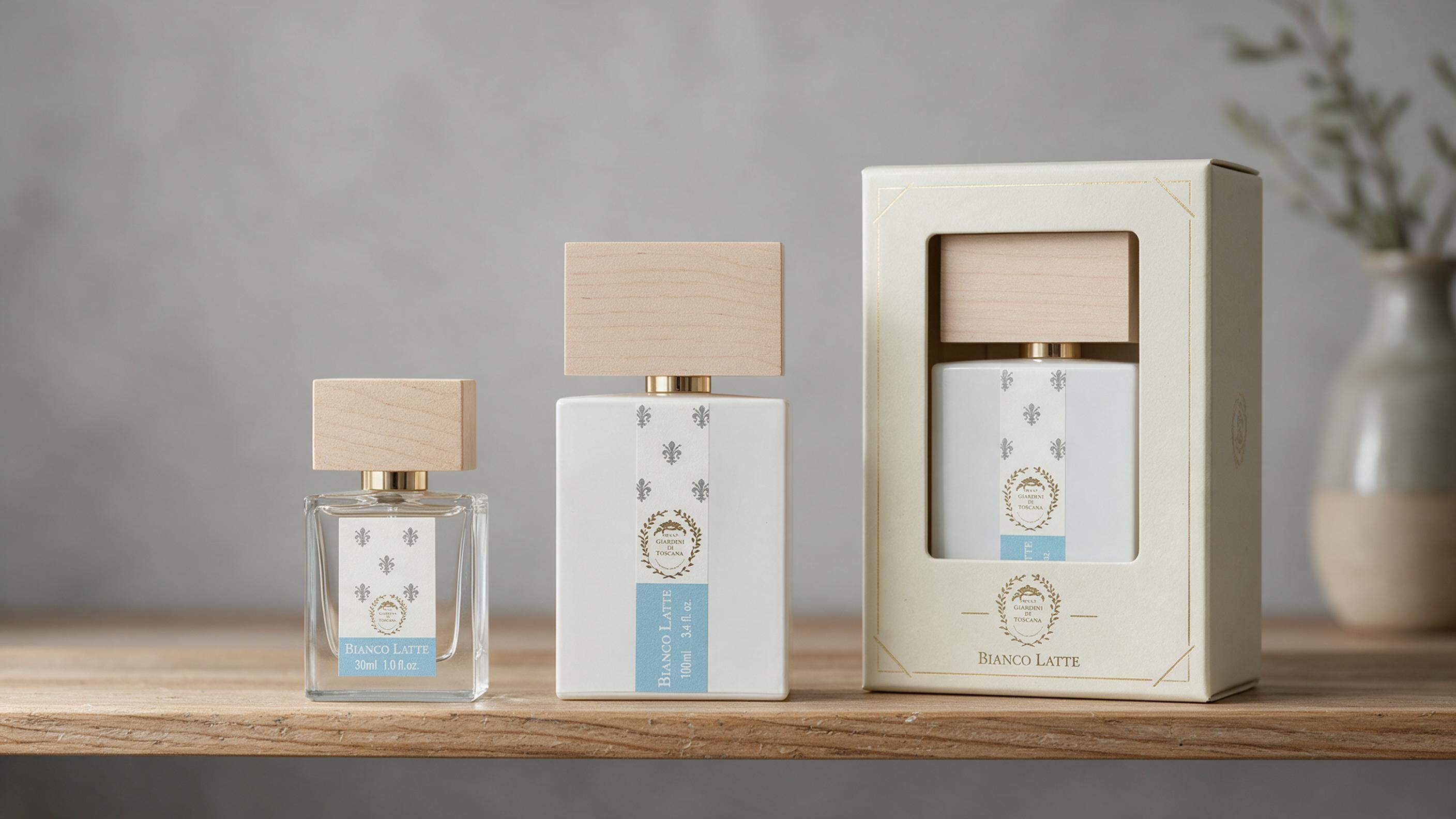 A clean modern retail display shelf showing an organized arrangement of perfume bottles in different sizes, including a 