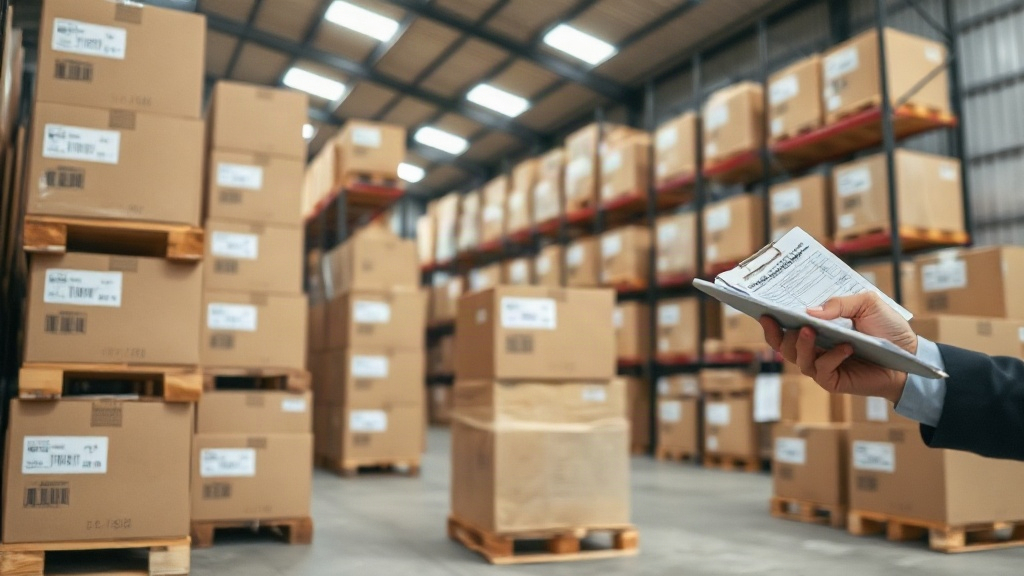 A modern fragrance wholesale warehouse interior, wooden pallets stacked with sealed brown cardboard shipping boxes, a wa